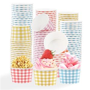 120 Pcs Gingham Ice Cream Cups 12 oz Disposable Dessert Snack Bowls Pastel Gingham Party Cup Bulk Blue Purple Yellow Red Snack Bowls for Holiday Birthday Picnic BBQ Wedding Tea Party Supplies