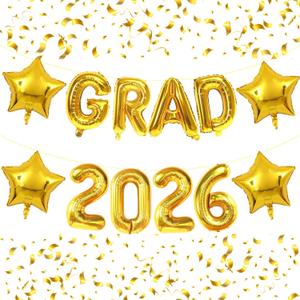 2 x Gold GRAD Balloons -16inch 2026 Number Balloon Congrats Grad Balloon Graduation Foil Balloons for 2026 Graduations Decorations