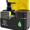 Kitchen Soap Dispenser Set (Black)  4 in 1 Dual Pump Bottles with Sponge Caddy, Brush Holder, Towel Bar & Drain Rack  Space-Saving Countertop Organizer for Sink & Bathroom