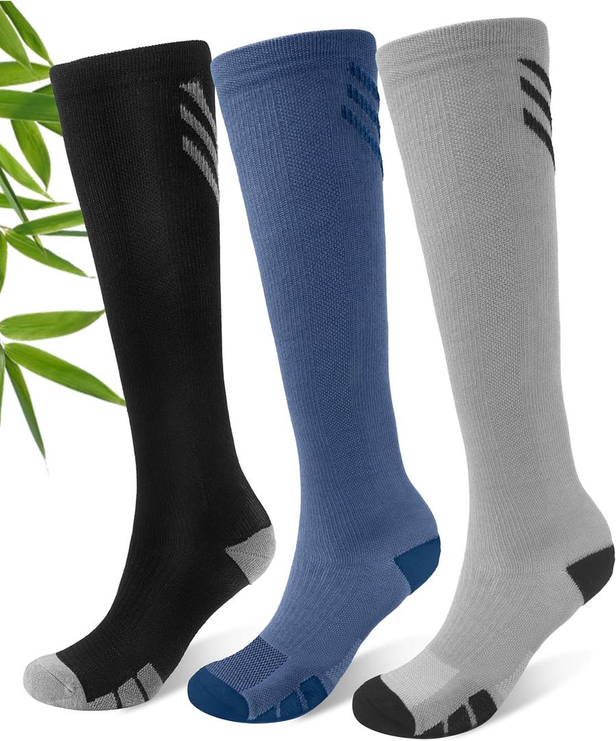 JODUCE Bamboo Viscose Compression Socks for Men & Women 3 Pairs,15-25 mmHg Knee-High Socks Support for Flying Travel Daily (Large-X-Large, Multicolor01)