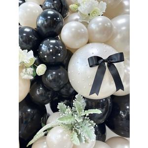 185pcs Black and Double Stuffed Pearl Sand Balloon Arch Kit with Bows & Faux Pearls, Black and White Balloons for Birthday Baby Shower Wedding Bridal Shower Anniversary Party Decorations (Blk Wht)