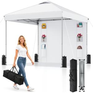 10x10 Pop Up Canopy with Sidewall, Instant Canopy Tent with Organizer Pockets, Carry Bag and One-Person Setup for Parties, Camping, Markets, White