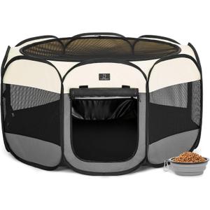 A4Pet Portable Dog Playpen, Pop Up Dog Playpen Indoor/Outdoor, Pet Playpen for Cats, Puppies - Removable Zipper & Collapsible Travel Bowl (Medium (39.5"x39.5"x20"), Grey+Beige)