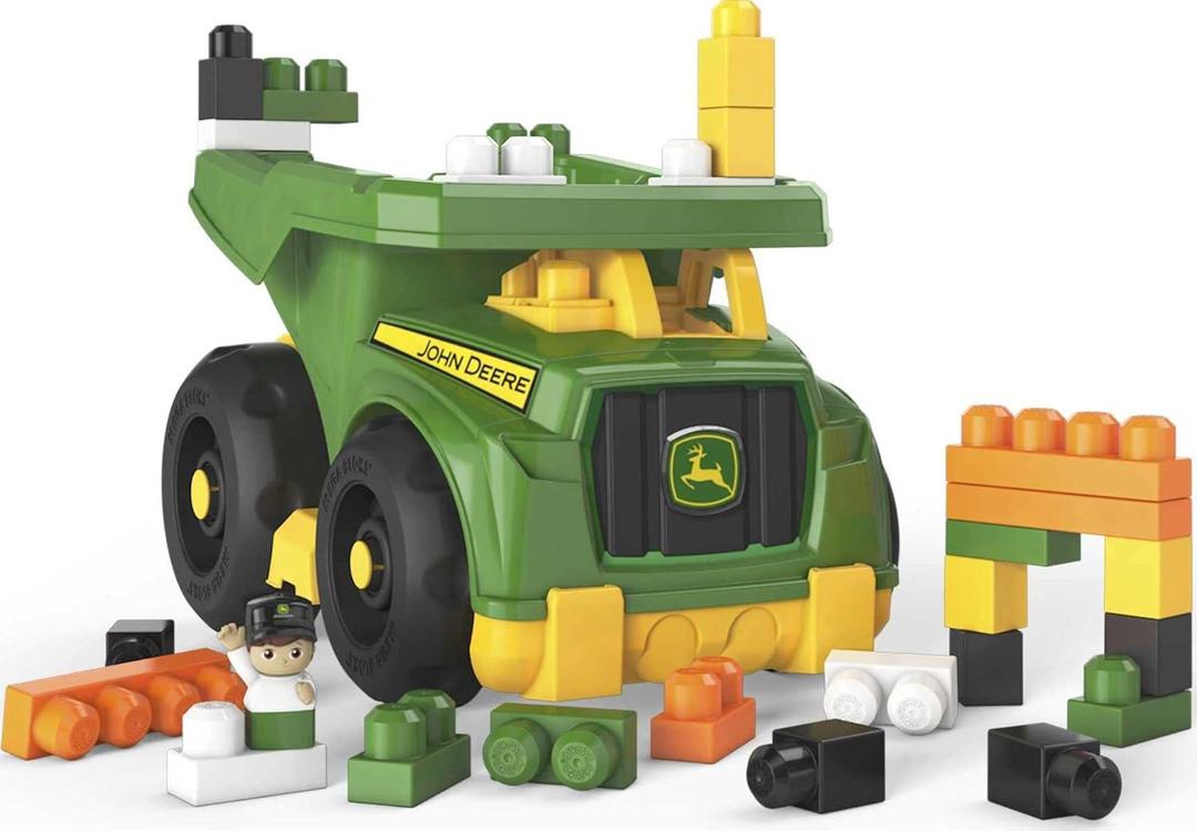 MEGA BLOKS John Deere Toddler Building Blocks Toy Set, Dump Truck with 25 Pieces and Storage, 1 Figure, Green, Ages 1+ Years