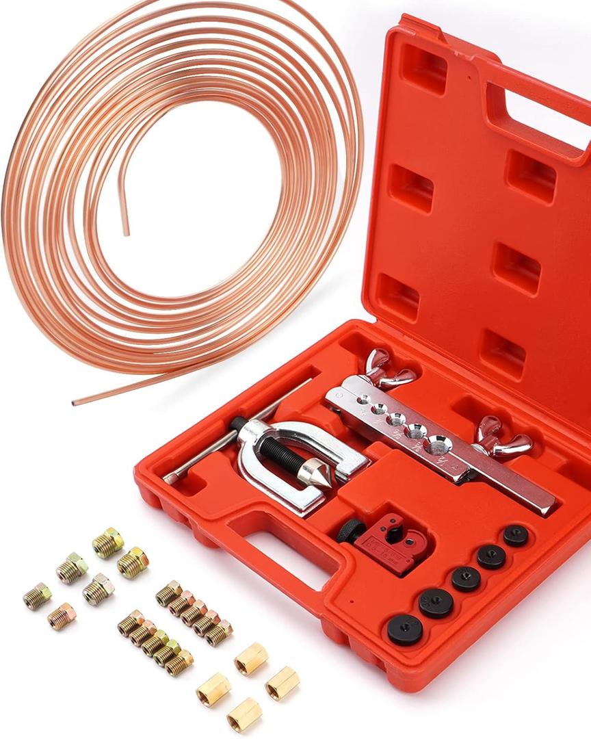 25 ft 3/16 Copper Coated Brake Line Kit (Includes 16 Fittings and 4 Unions Brake Line Fittings) + Double & Single Flaring Tool Kit