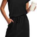 OFEEFAN Summer Dresses for Women 2025 V Neck T Shirt Casual Mini Dresses Tie Waist Sundresses with Pockets (X-Large, Black)
