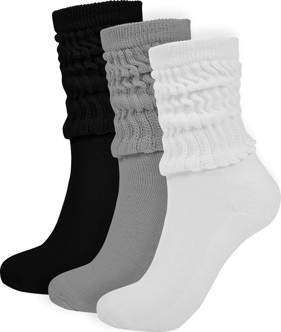 BomKinta Crew Slouch Socks Women - Retro Scrunch Short Sock - Soft Solid Ankle Socks - Gifts for Womens Size 5-11 (Black White Grey -3 Paris)