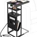 C Shaped End Table with Charging Station, 28"(H) 3-Tier C Table with Storage Bag, Under Couch Table C-Shaped End Table with Storage Shelves and Bag for Living Room, Bedroom, or Office