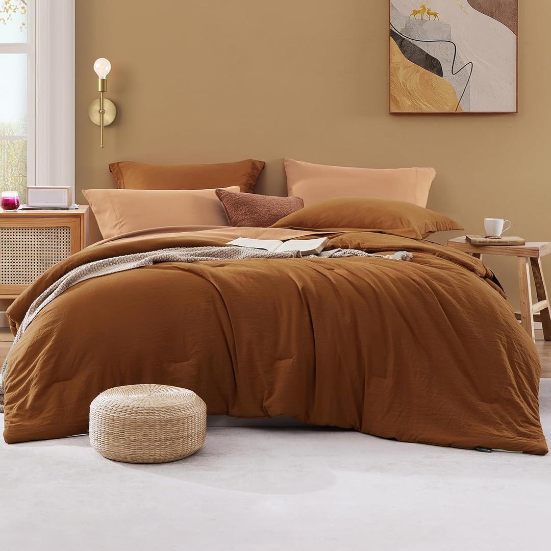WRENSONGE Full Size Comforter Sets- 7 Pieces Soft Terracotta Bed in a Bag with Fitted Sheet, Flat Sheet, 2 Pillow Shams, 2 Pillowcases, Warm Bedding Sets for All Season Full (80"*90")