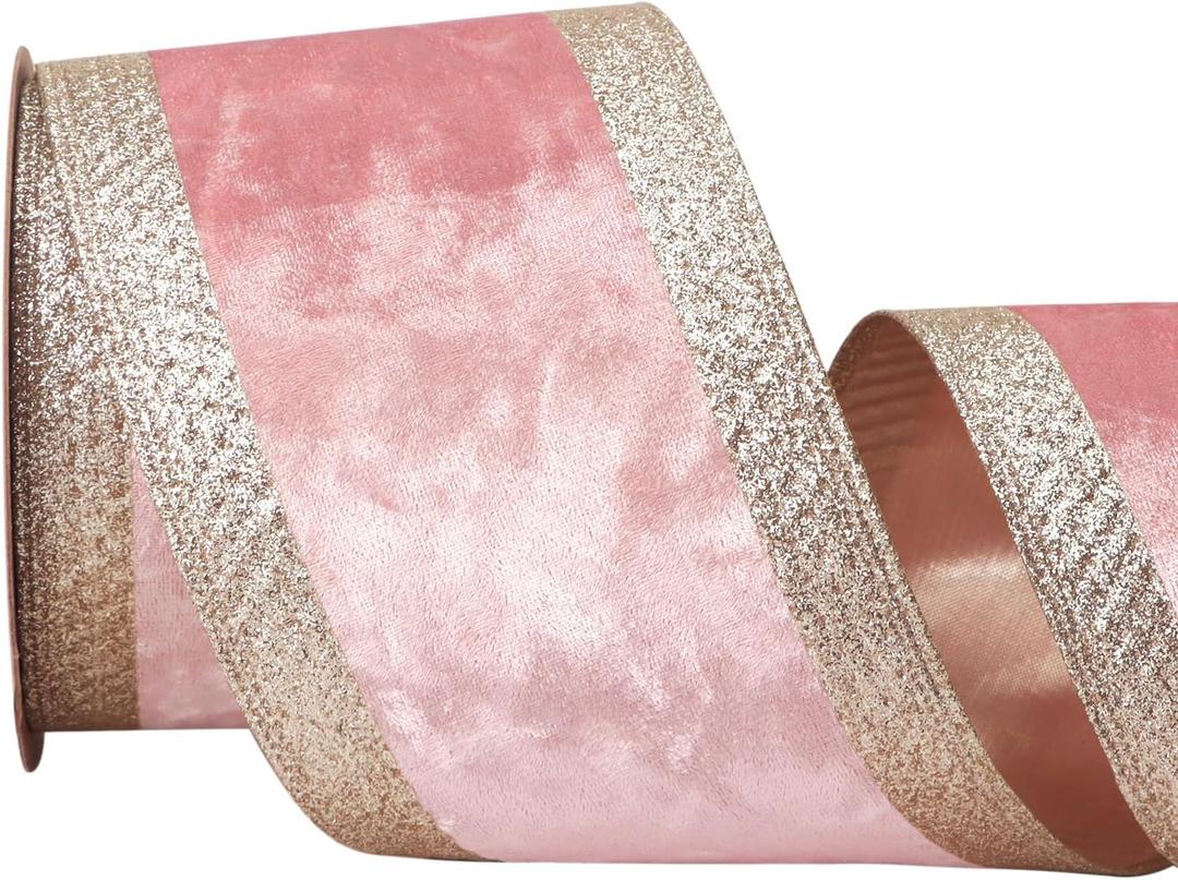 Ribbli Light Pink Velvet Wired Ribbon with Glitter Edge 4 Inch Christmas Ribbon for Tree Gift Wrapping Wreaths Garland Topper Bows Crafts Home Decor -10 Yards