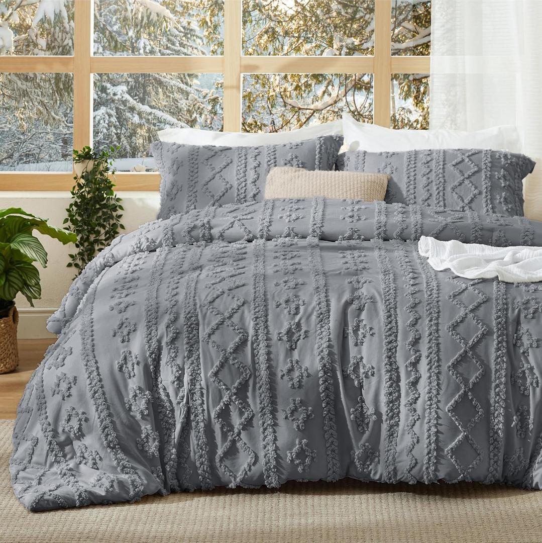 Bedsure Tufted Boho Comforter Set Queen Size - Grey Boho Bed Set, GentleSoft 3 Pieces Farmhouse-Style Embroidery Bedding, Gifts for Woman, Soft Jacquard Queen Comforter for All Seasons (17 - Grey - Elegant)