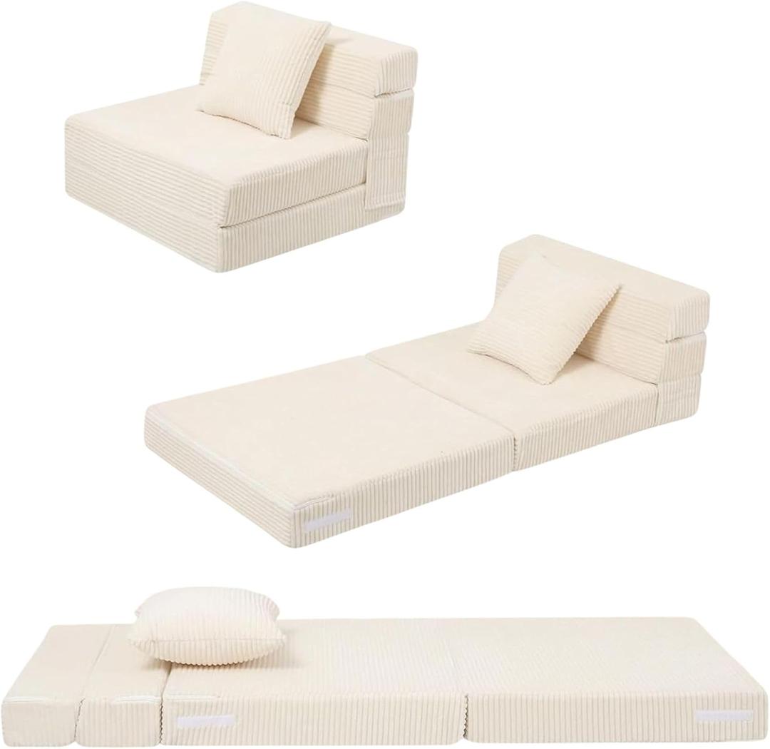 MeMoreCool Folding Sofa for Kids, Corduroy Fold Out Futon Chair, Small Foldable Floor Mattress, Portable Children Couch Sofa, Beige