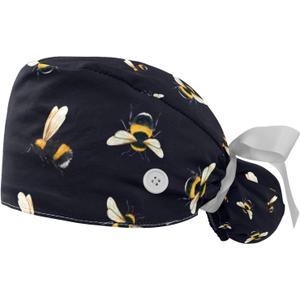 LORVIES 2 Pieces Adjustable Working Cap with Buttons and Ribbon Tie for Women Long Hair, Beautiful Bumblebee Bee (Black)