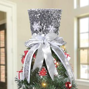 Christmas Tree Topper, Silver Shiny Sequins Top Hat Christmas Tree Top Decoration (Silver)