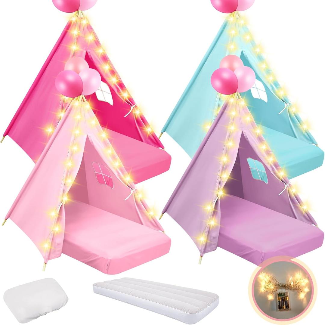 4 Pack Teepee Tent for Kids Slumber Party with Mattress,Fitted Sheet,Light String,Natural Cotton Washable Sleepover Tents for Girls Party Birthday Slumber Movie Night Supplies(Colorful), 61.81 x 25.98 x 7.09 inches