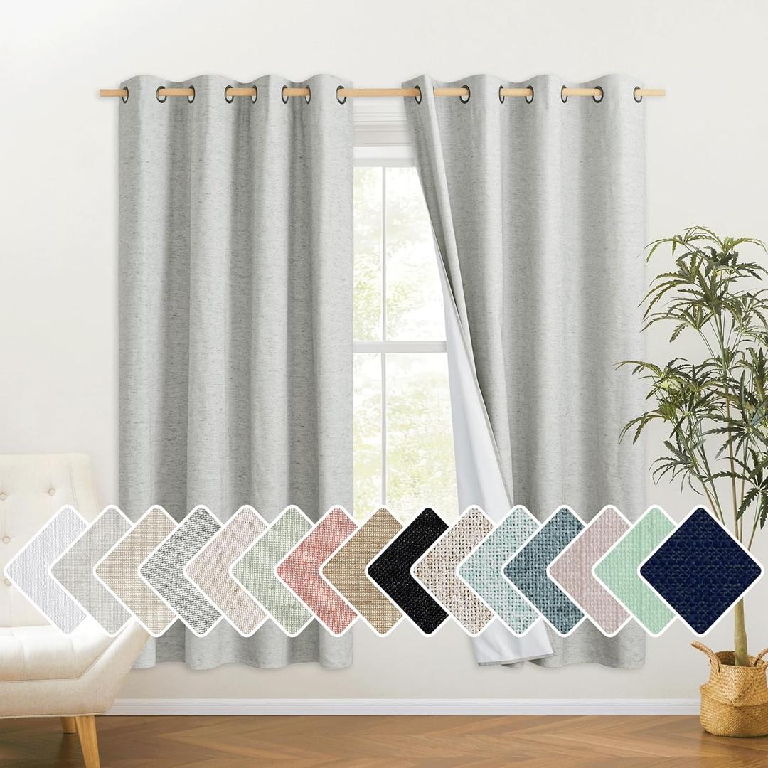 NICETOWN Grey Living Room Completely Shaded Linen Draperies, 2 Pieces, W52 x L72, Privacy Protection & Noise Reducing Ring Top Drapes, White Lined Insulated Window Treatment Curtain Panels