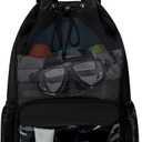 Drawstring Backpack Sandproof Beach Backpack with Shoe Compartment & Wet Pocket Waterproof Mesh Swim Bag Pool Bag for Gym, Travel and Workout Gear (Black)