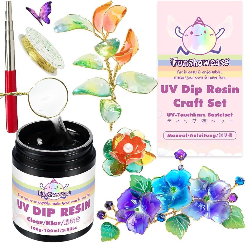 FUNSHOWCASE UV Dip Resin for Wire Flower, DIY Wire Art Low Odor Handmade Set, Transparent UV Dip Resin-100ml, 4mm(0.15inches) Copper Wire roll 7m(22.9fts), Winding Rod Size 5mm-9mm(0.19-0.35inches)