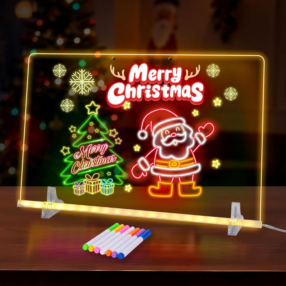 2026 Upgrade LED Note Board with 7 Colors 13"x10" Led Drawing Board for Kids 4 Modes Light Up Acrylic Dry Erase Boards Led Drawing Writing Board for Kids with 7 Markers, Spray Bottle (White)