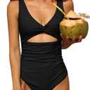Charmo Womens One Piece Swimsuit Ruched Tummy Control High Cut Backless V Neck Bathing Suits Swimwear, size S