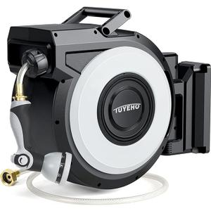 Tuyeho Retractable Garden Hose Reel 100FT, Wall Mount Heavy Duty Water Hose Reels with Automatic Slow Rewind System, Outdoor Hoses Reel with 2 Hose Nozzles for Garden Watering, Car Wash, Pet Shower, 1/2 "100ft