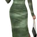 MOEENCN Women Sheer Mesh Maxi Dress Long Sleeve Bodycon Birthday Outfits Ruched Tie Dye Cocktail Club Party Dresses, Green Side Slit Dress, Size: X-Large