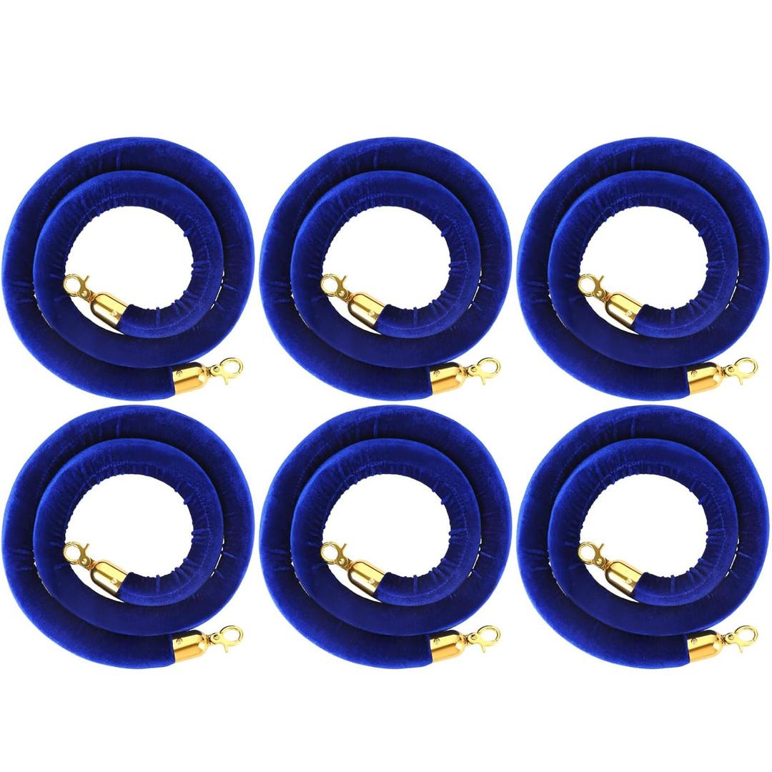 Woanger 6 Pack Velvet Stanchion Rope, 5 Feet Crowd Control Stanchion Ropes Safety Barrier with Gold Plated Hook for Carpet Events Movie Theaters Grand Openings Hotels Party(Blue)
