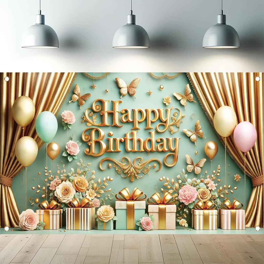Gold Green Happy Birthday Backdrop Butterfly Gift Box Floral Banner Birthday Photography Background for Girl Supplies Party Decoration Photo Booth Prop 71 x 43 Inch