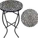Vipush Outdoor Side Table Mosaic Accent Table End Table Plant Stand for Patio Garden Backyard Balcony Porch,14'' Round Mosaic Table Top with Black Iron,Grey