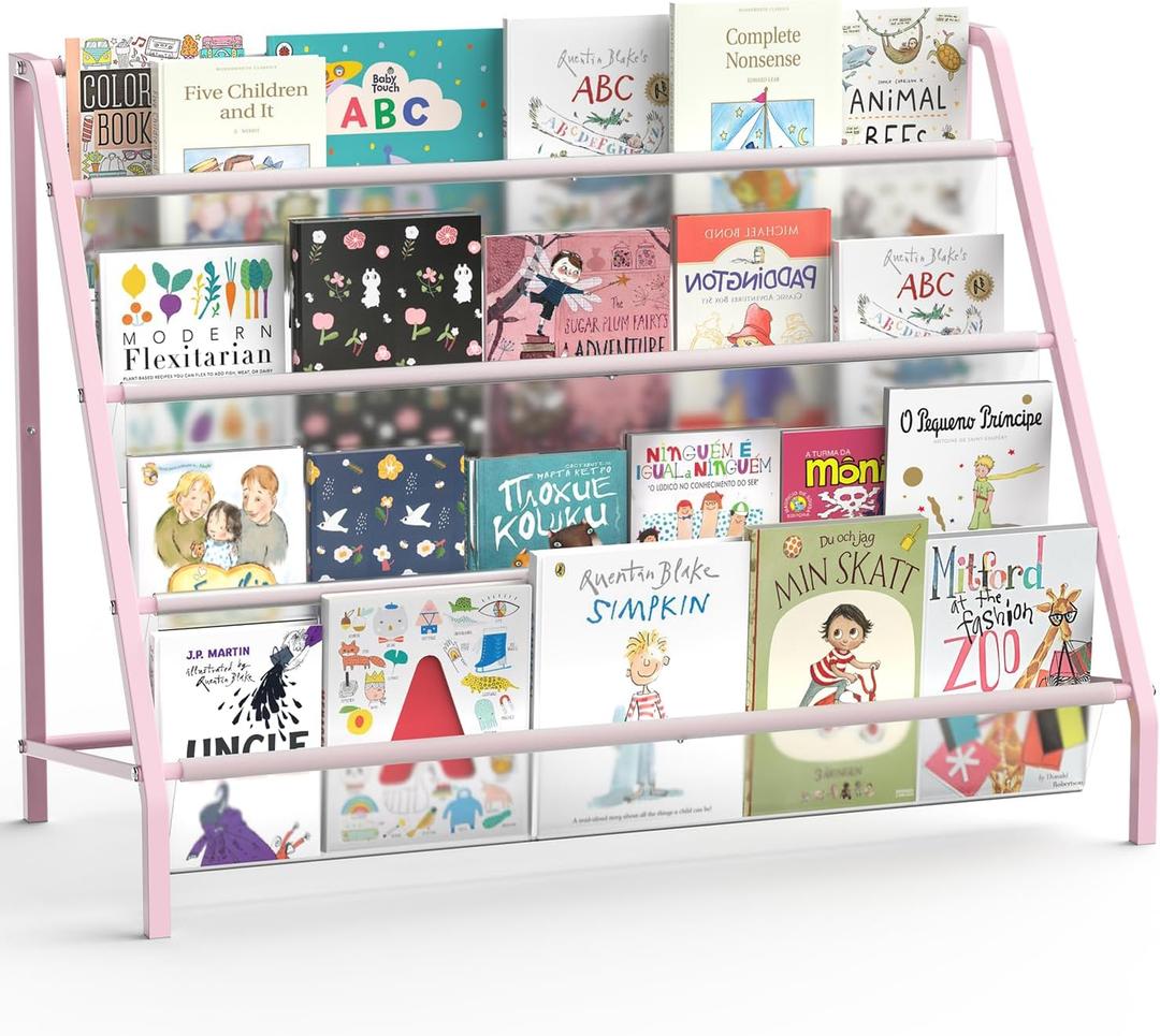 Trieez High-Transparent 4 Tier Kids Bookshelf, Sturdy Metal Large Size Book Rack Storage for Kids - Toddler Book Shelf Display for Nursery, Kids Room, Deep Size Bookshelf Hold More Books, Pink, 32''L x 15.2''W x 25 ''H