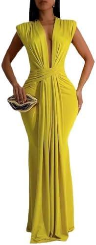 Yuopeid Women's Sexy Sleeveless Deep V Neck Fashion Ruched Bodycon Floor Length Formal Evening Party Maxi Long Dress, Yellow, Small