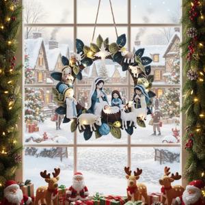 Holy Family Christmas Wreath with Light LED Wooden Holy Family Nativity Scene Hanging Decoration for Christmas Tree Ornaments Xmas Indoor Outdoor Wall Decoration Hanging Sign for Front Door