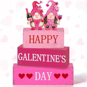Pinkunn 4 Pcs Happy Galentine's Day Decorations Galentines Gifts Wooden Table Centerpiece Tiered Tray Galentine's Day Table Decor Pink Heart Party Sign for Women Valentines Party Home Kitchen Decor