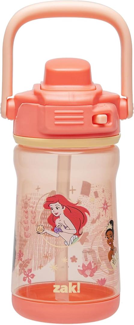 Zak Designs Disney Princess Beacon Kid Water Bottle for Travel, 12oz Plastic is Durable and Leak-Proof with Liquid Lock Spout, Carry Handle, Protective Base (Ariel, Cinderella, Moana, Rapunzel, Tiana)