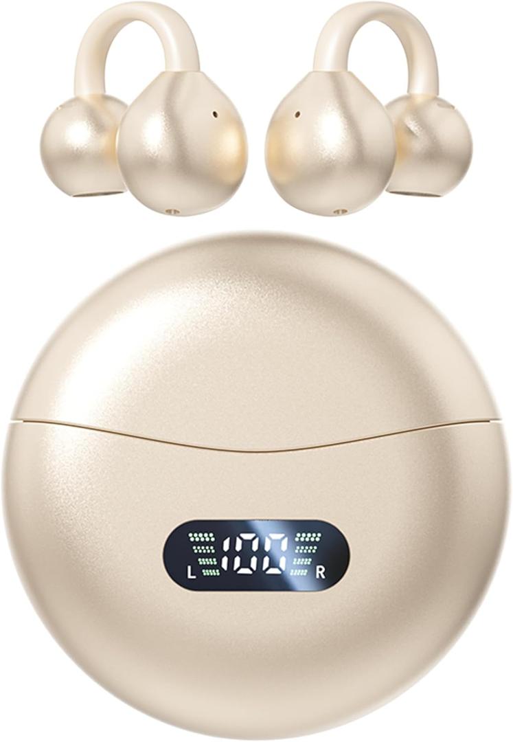 MAcnas Open Ear Clip Headphones Wireless Earbuds Bluetooth 5.4 Sports Earphones Wireless Charging Case & LED Power Display Waterproof Fitness Headphones for Running (Yellow)