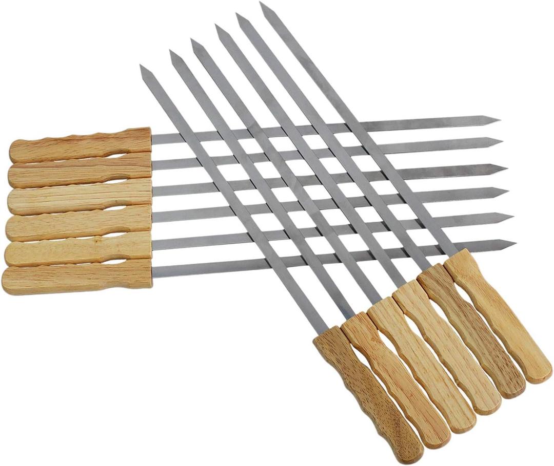 Blue Brazilian Skewers - 17 Inch Stainless Steel Kabob Skewers with Wooden Handle, 12 Pack BBQ Grilling Accessories