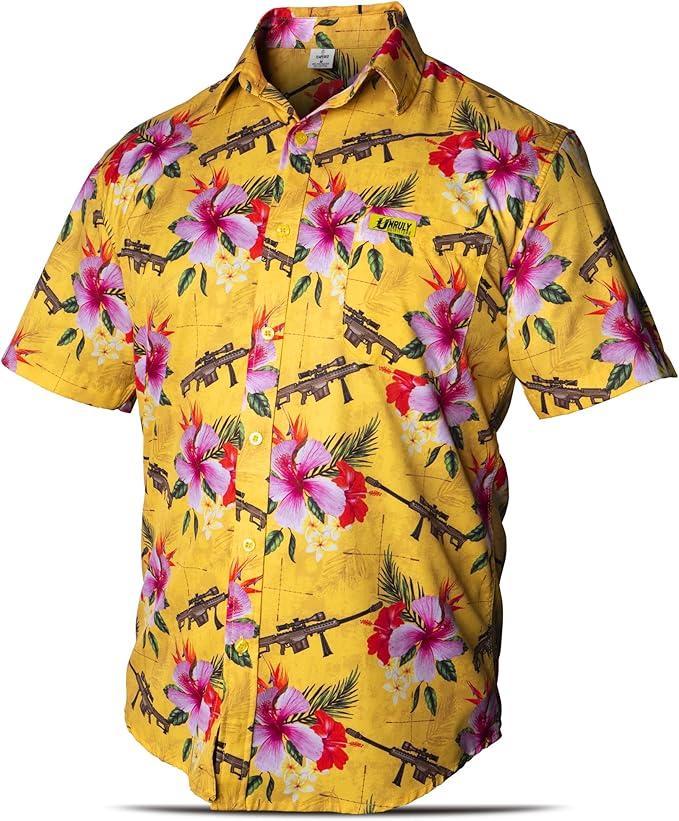 Hawaiian Shirt for Men Yellow Rifle Button Down Shirts Men Novelty Funny Flower & Weapons Shirts with Gun 4XL