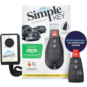 Simple Key, Key Fob and Key Programmer with Interchangeable 3 & 4 Button Keypads Compatible for Select Chrysler, Dodge, Jeep, Ram, Volkswagen Vehicles, Simple Key Replacement Kit