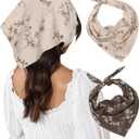Molans Cotton Floral Hair Scarf - 2PCS Hair Scarves and Bandanas for Women Triangle Kerchief for Girls,  Army Green and Beige 