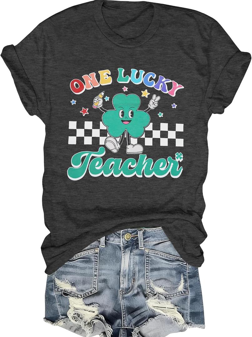 St Patrick's Day Shirt Women One Lucky Teacher Green Shamrock Graphic Tees Teacher Shirts Lucky Irish Tops (Gray, S)