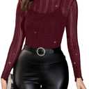 QIANZHIDU Women's Mesh Sheer Striped Mock Neck Long Sleeve Club Blouse Shirt Top Burgundy X-Large