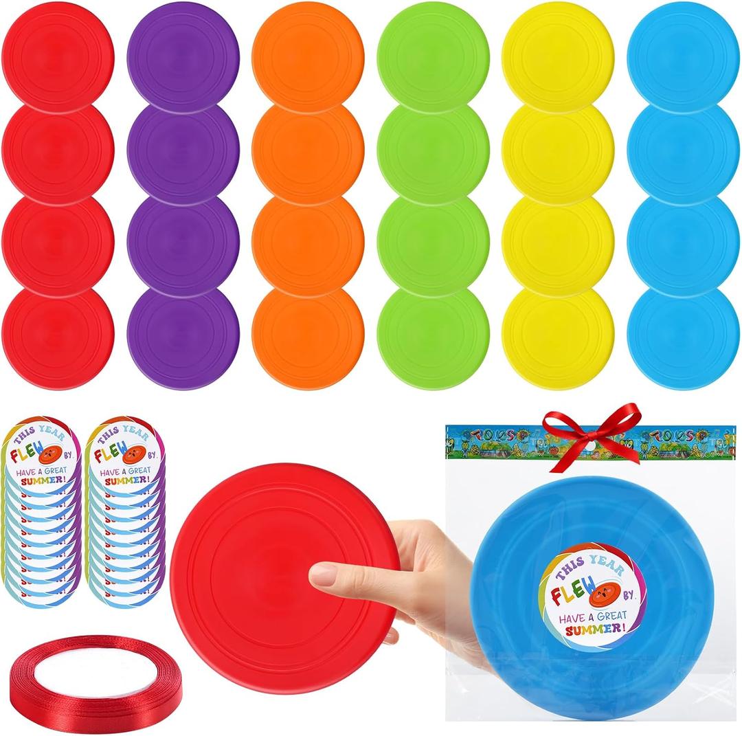 24 Pcs Flying Disc End of Year Gifts Bulk, 7 Rubber Flyer Disks with Gift Cards Outdoor Flying Discs for End of Year Gift Summer Beach Party Supplies, 6 Colors