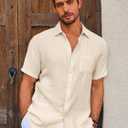 Runcati Mens Casual Shirts Button Down Short Sleeve Lightweight Linen Shirt Summer Beach Tops with Pocket (X-Large, Beige)