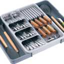 Kitchen Utensil Drawer Organizer, Removable 2-Tier Knife Holder, Expandable Cutlery Tray for Silverware, Flatware and Utensils, Large Kitchen Drawer Dividers for Spoons, Forks, Knives, Gray