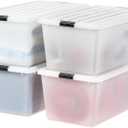 IRIS USA 91 Qt Stackable Plastic Storage Bins with Lids, 4 Pack - BPA-Free, Discreet Organizing Solution, Latches, Durable Nestable Containers, Secure Pull Handle, Made in USA - Pearl