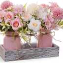 LUEUR Mason Jar Lights Centerpiece with Farmhouse Wood Tray – 3 Jars with Pink Rose Spring Flowers, Rustic Spring & Summer Wedding Decoration for Dining Table, Coffee Table, Kitchen & Living Room