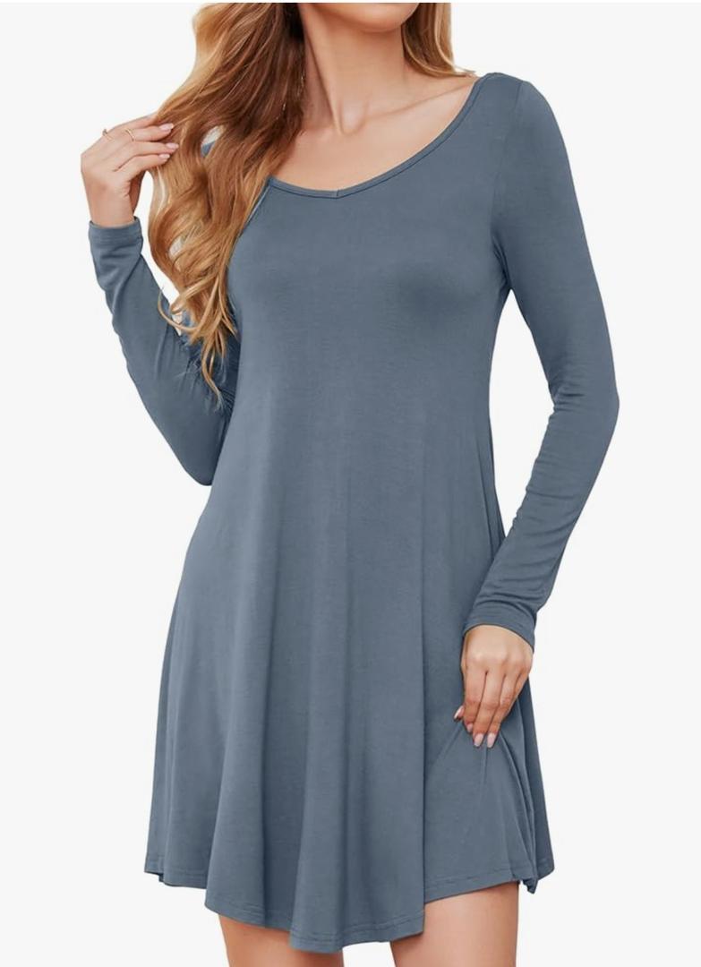 DEARCASE Women's T Shirt Dress Long Sleeve V-Neck Floral Print Casual Loose Flowy Swing Dresses L, Gray Blue