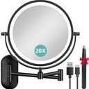 Auxmir 8'' Wall Mounted Lighted Makeup Mirror, 3200mAh Rechargeable Double-Sided 1X/20X Magnifying Mirror with Light, Touch Dimmable 3 Color Light, 360 Rotation Foldable Extended Arm, Black