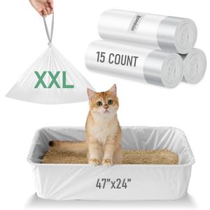 ZOMISIA Super Jumbo Litter Box Liner XXL - 15 Count 47" x 24" Cat Litter Bags with Drawstring, Extra Thick Kitty Litter Pan Liners Tear Resistant Heavy Duty, Easy Clean up for Litter Tray, Unscented