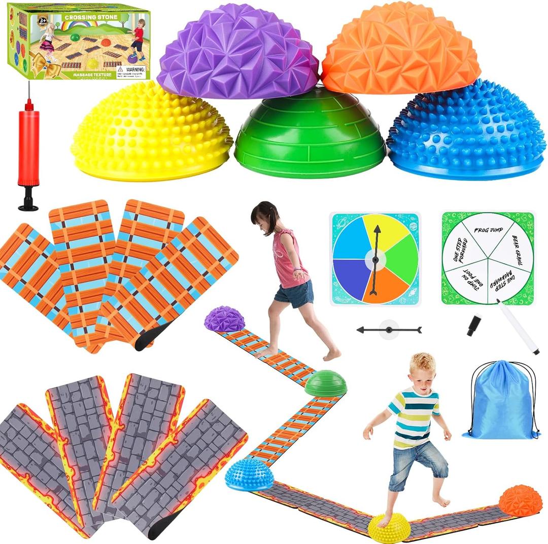 Stepping Stones for Kids, Textured Balance Pods and Floor Mats Set, Inflatable Balance Ball for Kids Boys Girls and Adults, Obstacle Course Sensory Toys for Indoor Outdoor Play Family Fitness Fun